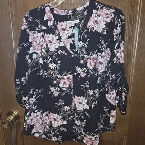 NWT Women's 41 Hawthorn Floral Button up Blouse with Pink Accents 3/4 Sleeve - L